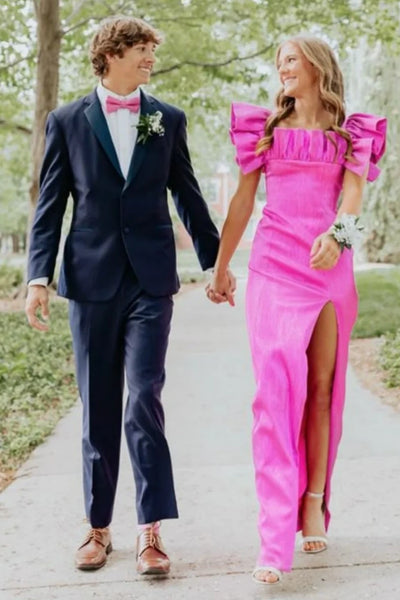Fitted Satin Ruffle Straps Square Party Prom Dress With Leg Slit