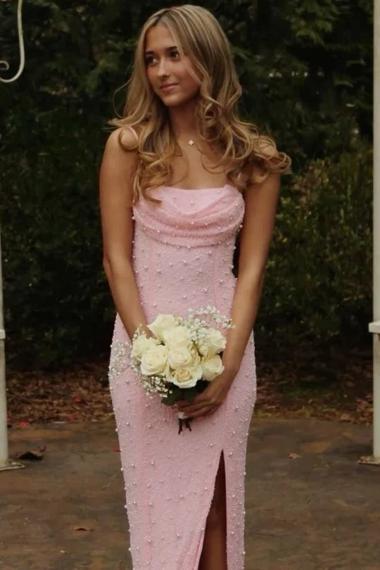 Fitted Spaghetti Straps Sequin And Pearls Split Party Prom Dress