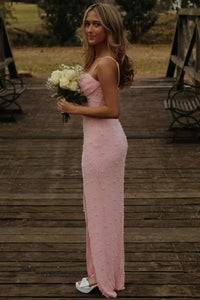 Fitted Spaghetti Straps Sequin And Pearls Split Party Prom Dress
