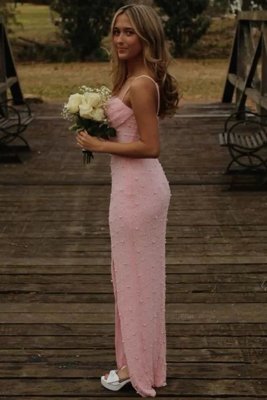 Fitted Spaghetti Straps Sequin And Pearls Split Party Prom Dress