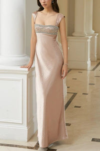 Fitted Square Straps Beaded Top Satin Floor-Length Party Prom Dress