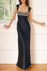 Fitted Square Straps Beaded Top Satin Floor-Length Party Prom Dress