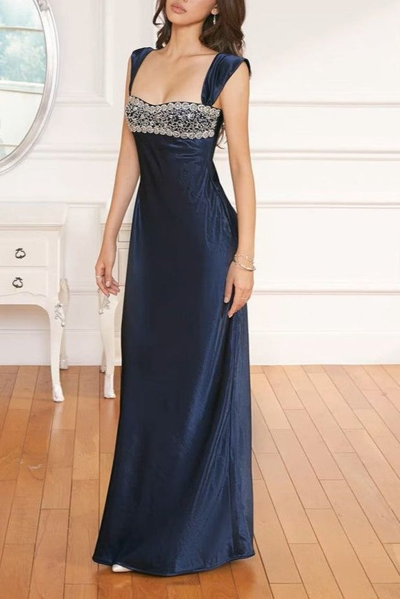 Fitted Square Straps Beaded Top Satin Floor-Length Party Prom Dress