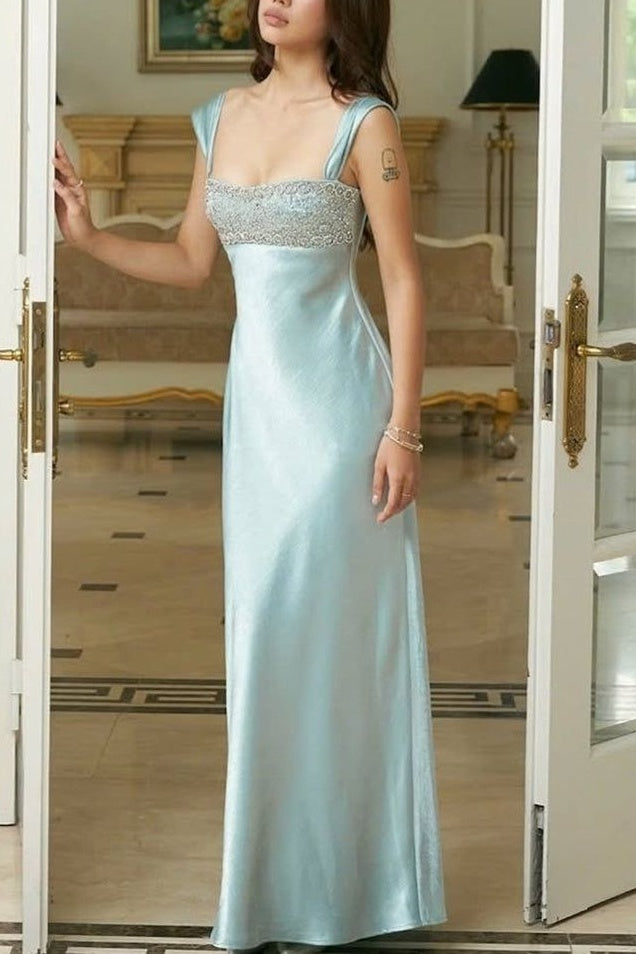 Fitted Square Straps Beaded Top Satin Floor-Length Party Prom Dress