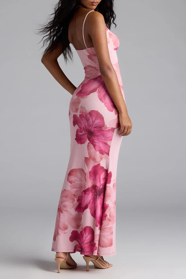 Fitted V-Neck Spaghetti Straps Floral Party Evening Dress