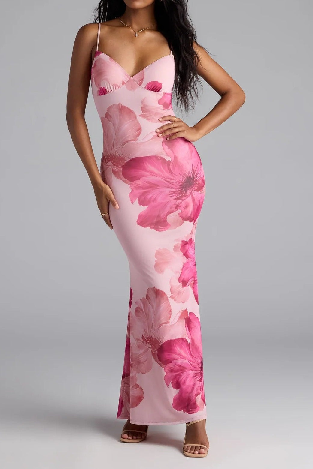 Fitted V-Neck Spaghetti Straps Floral Party Evening Dress