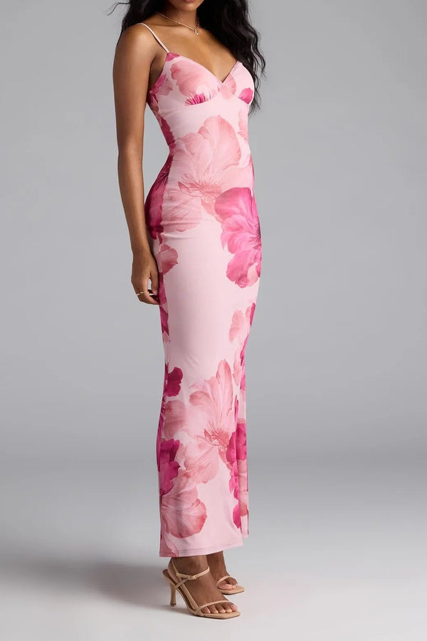 Fitted V-Neck Spaghetti Straps Floral Party Evening Dress