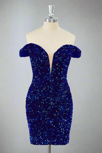 Fitted Royal Blue Off-the-Shoulder Sequin Mini Dress Full Shot