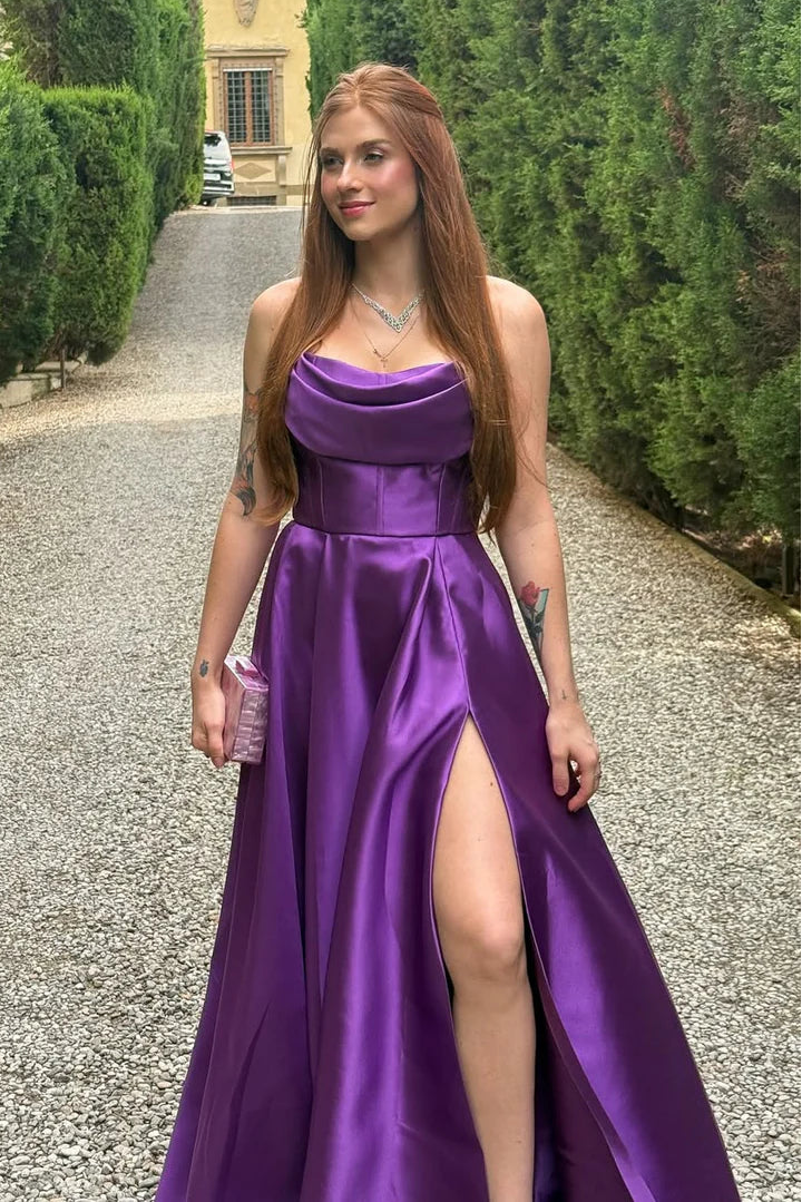 Floor-Length Satin A-Line Strapless Empire Split Party Prom Dress