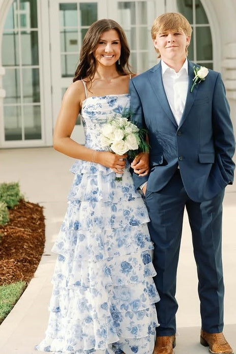 Floral Appliques A-Line Empire Chiffon Tiered Party Prom Dress