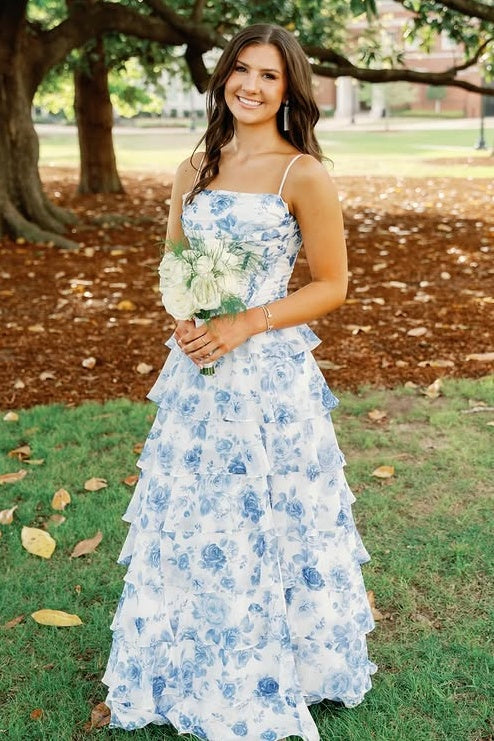 Floral Appliques A-Line Empire Chiffon Tiered Party Prom Dress