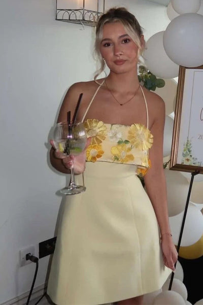 Floral Appliques Satin A-Line Sleeveless Mini Homecoming Dress