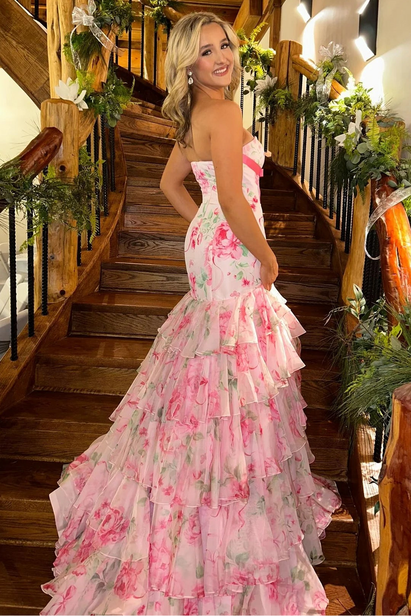 Floral Chiffon Strapless Mermaid Empire Tiered Party Prom Dress