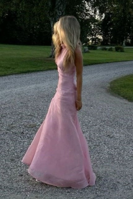 Floral High Neck Sleeveless Pink A-Line Party Prom Dress With Slit 