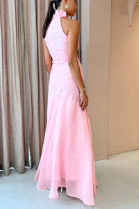 Floral High Neck Sleeveless Pink A-Line Party Prom Dress With Slit 