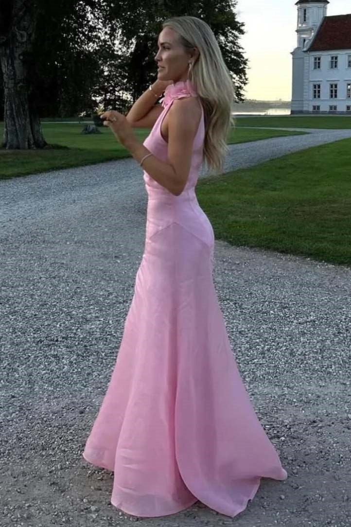 Floral High Neck Sleeveless Pink A-Line Party Prom Dress With Slit 