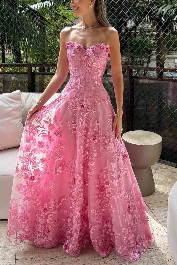 Floral Lace A-Line Strapless High Waist Party Prom Dress