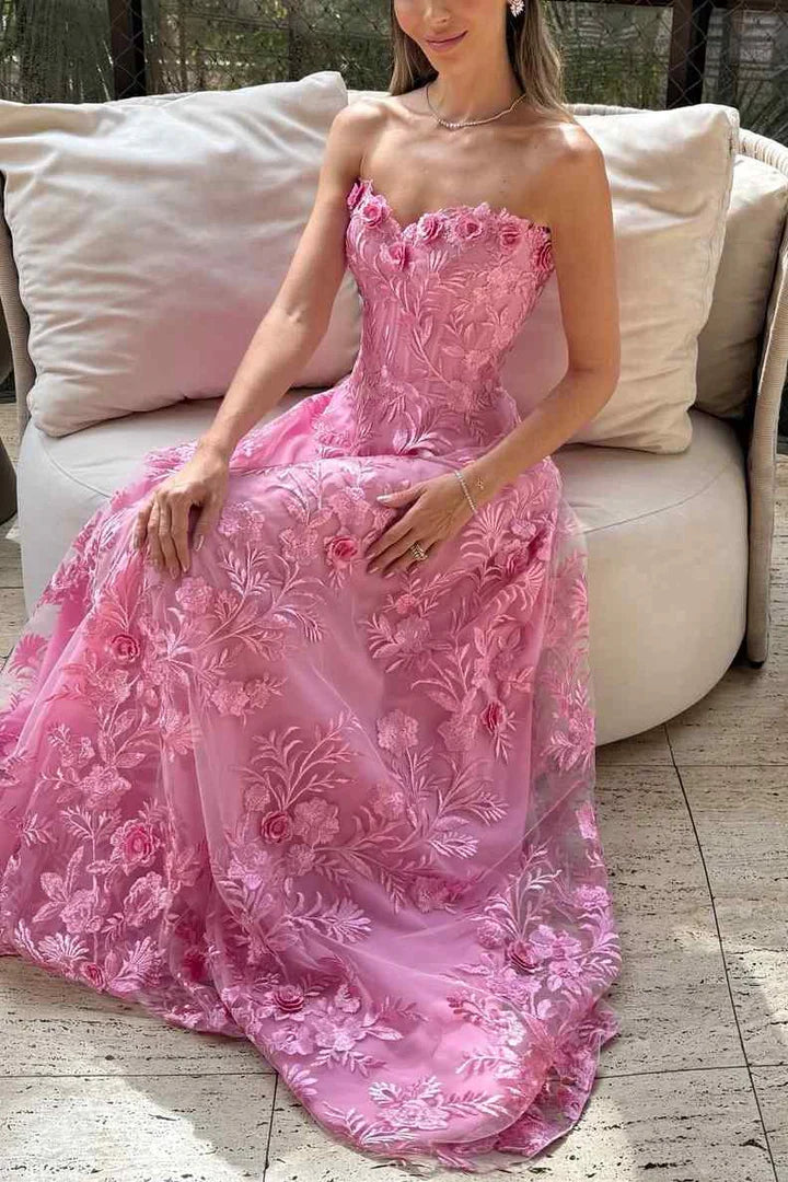 Floral Lace A-Line Strapless High Waist Party Prom Dress