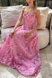 Floral Lace A-Line Strapless High Waist Party Prom Dress