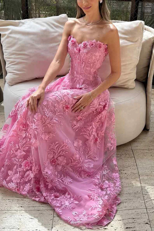 Floral Lace A-Line Strapless High Waist Party Prom Dress