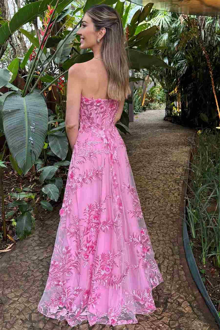 Floral Lace A-Line Strapless High Waist Party Prom Dress