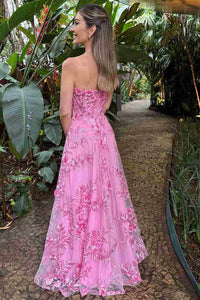 Floral Lace A-Line Strapless High Waist Party Prom Dress
