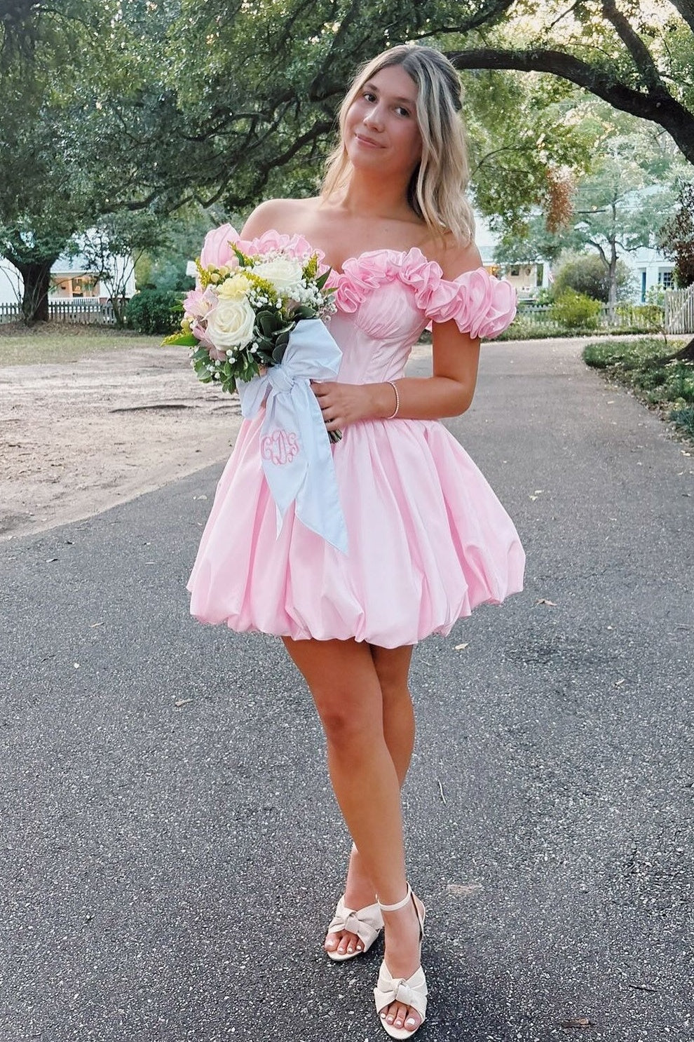 Floral Off-Shoulder Satin A-Line High Waist Party Homecoming Dress