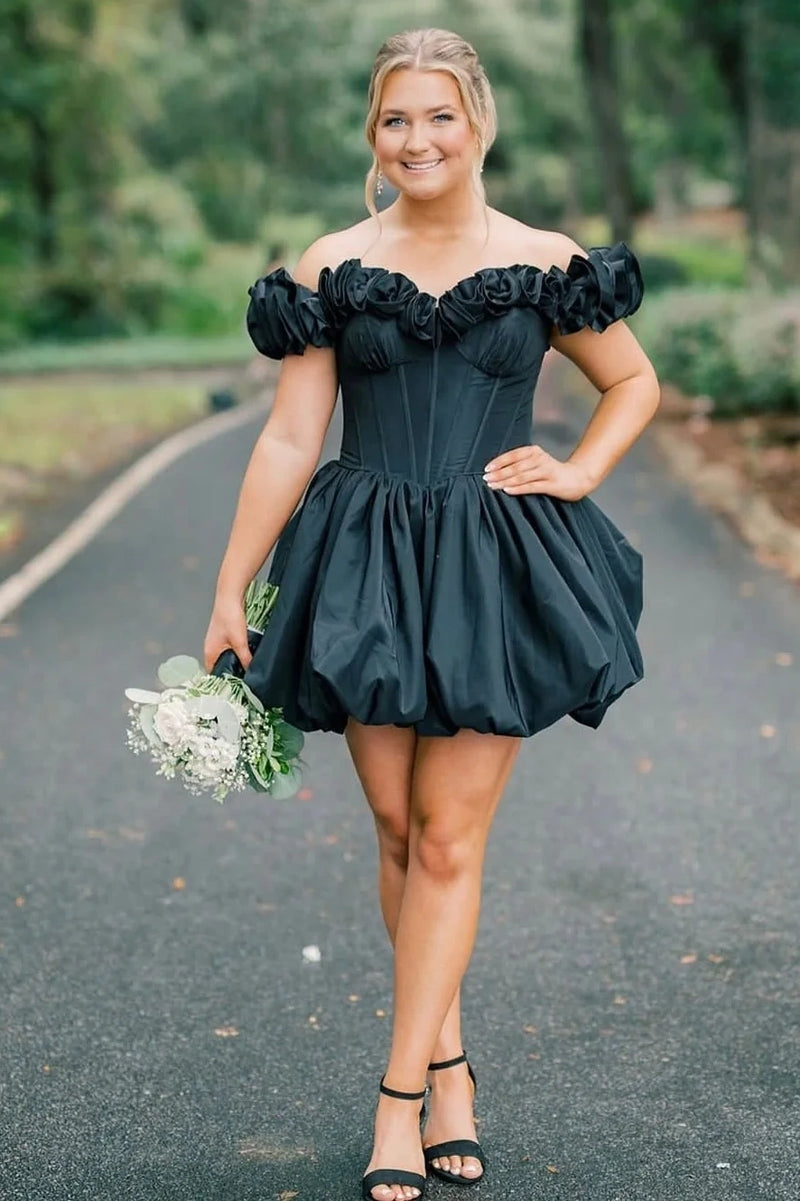 Floral Off-Shoulder Satin A-Line High Waist Party Homecoming Dress