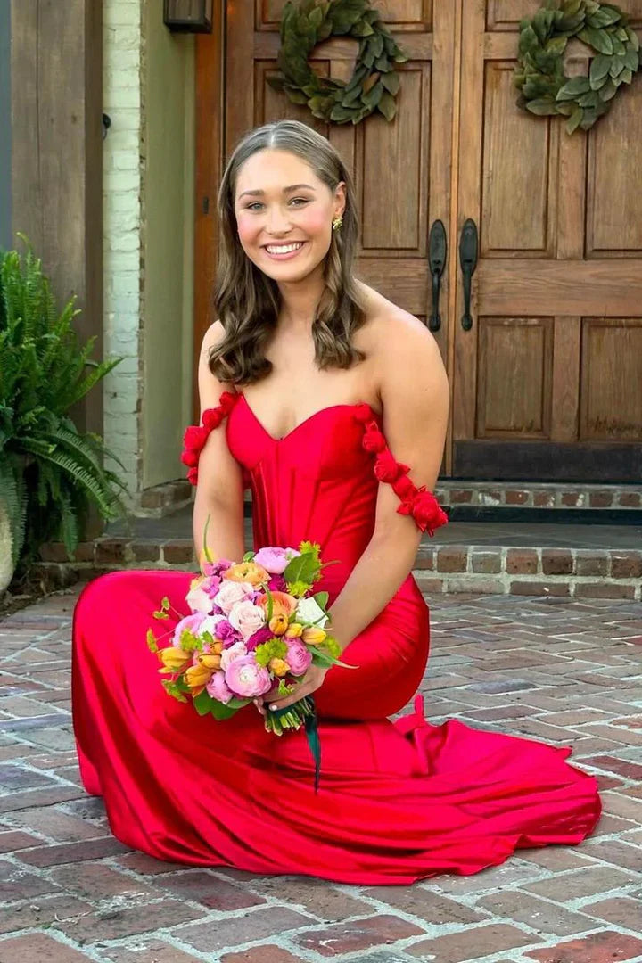 Floral Off-Shoulder Sweetheart Satin Mermaid Prom Party Dress