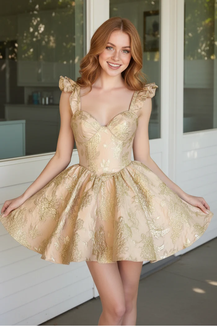 Floral Satin A-Line Ruffle Straps Mini Homecoming Dress