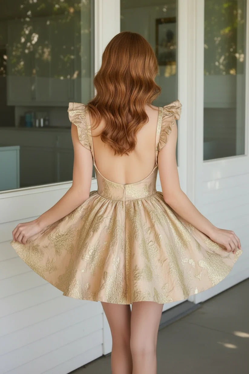 Floral Satin A-Line Ruffle Straps Mini Homecoming Dress