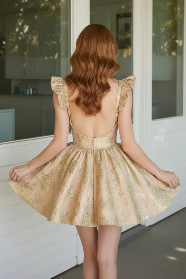 Floral Satin A-Line Ruffle Straps Mini Homecoming Dress