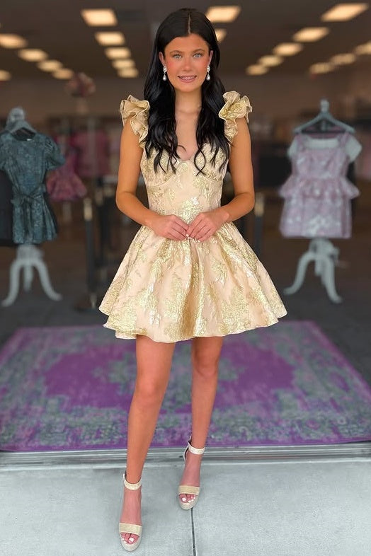 Floral Satin A-Line Ruffle Straps Mini Homecoming Dress
