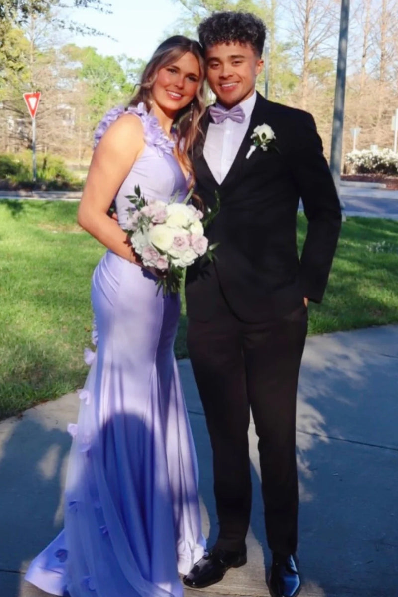 Floral Straps V-Neck Backless Satin Mermaid Party Prom Dress