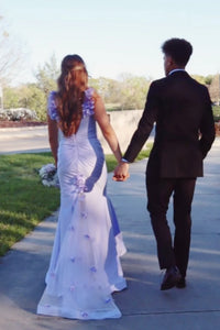 Floral Straps V-Neck Backless Satin Mermaid Party Prom Dress