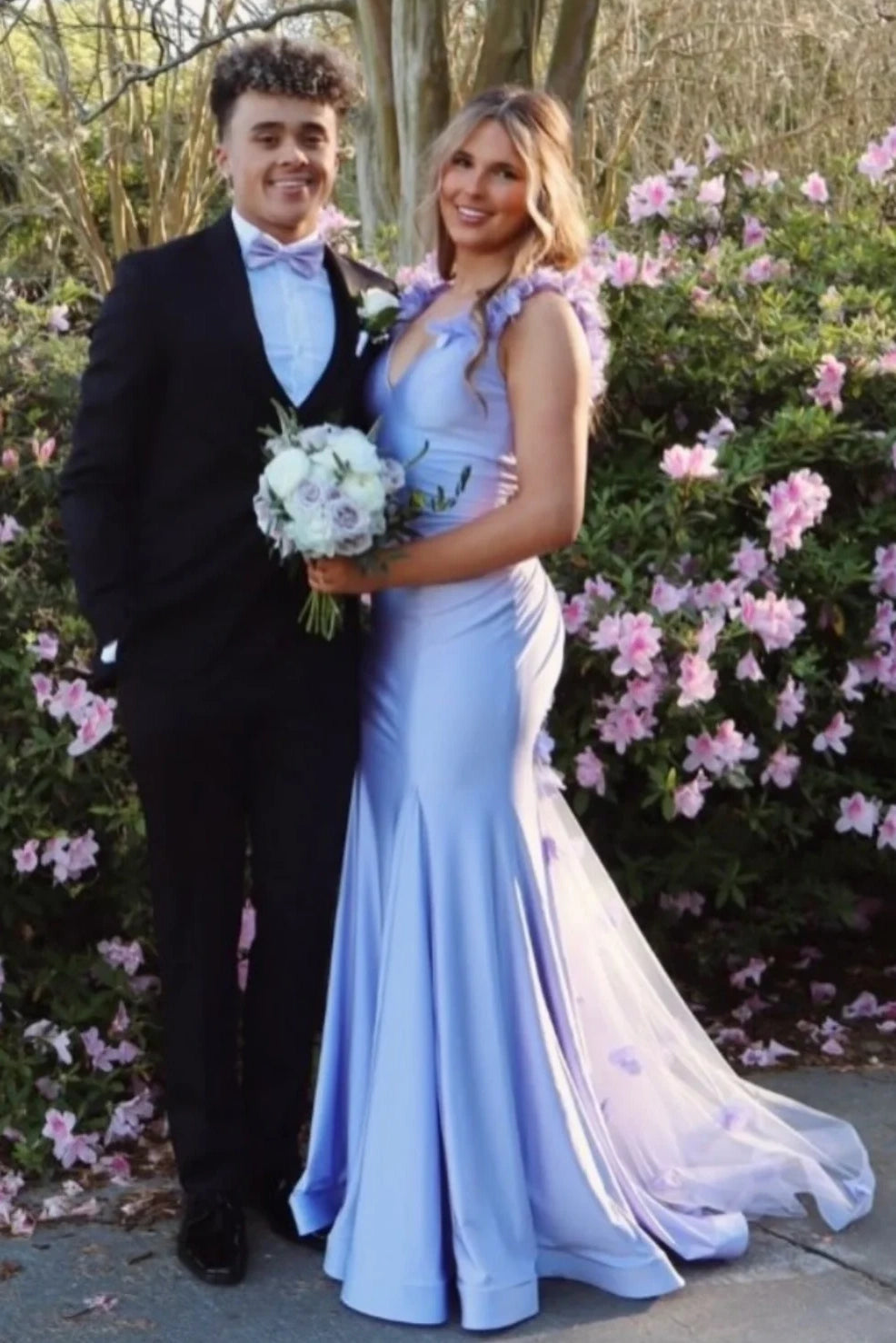 Floral Straps V-Neck Backless Satin Mermaid Party Prom Dress