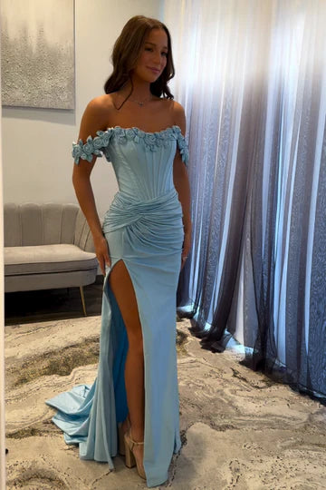 Florals Off The Shoulder Satin Split Party Prom Dress With Train