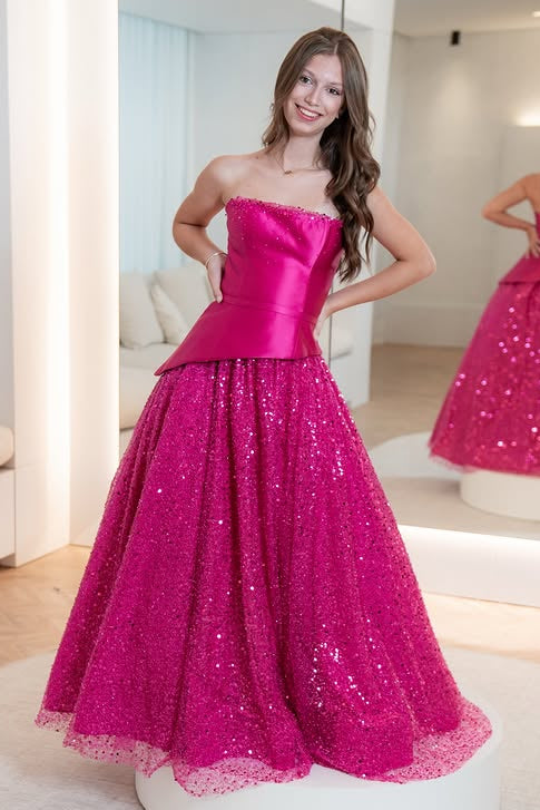 Fuchsia A-Line Strapless Two Tone Maxi Sparkly Party Prom Dress
