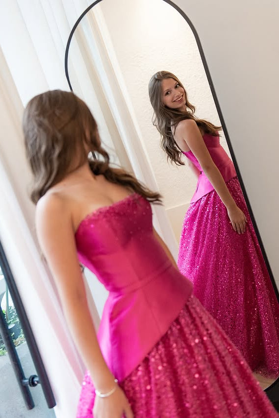 Fuchsia A-Line Strapless Two Tone Maxi Sparkly Party Prom Dress