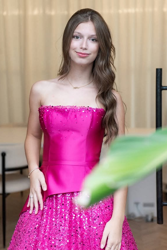 Fuchsia A-Line Strapless Two Tone Maxi Sparkly Party Prom Dress