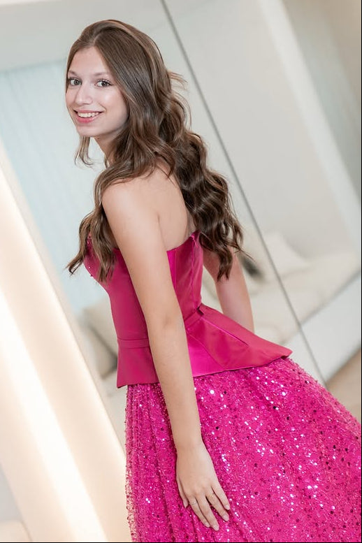 Fuchsia A-Line Strapless Two Tone Maxi Sparkly Party Prom Dress