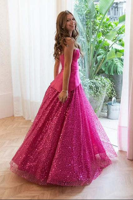 Fuchsia A-Line Strapless Two Tone Maxi Sparkly Party Prom Dress