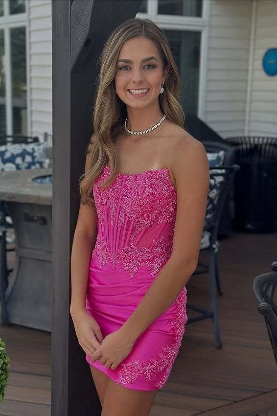 Fuchsia Boat Strapless Satin Fitted Lace Appliques Homecoming Dress