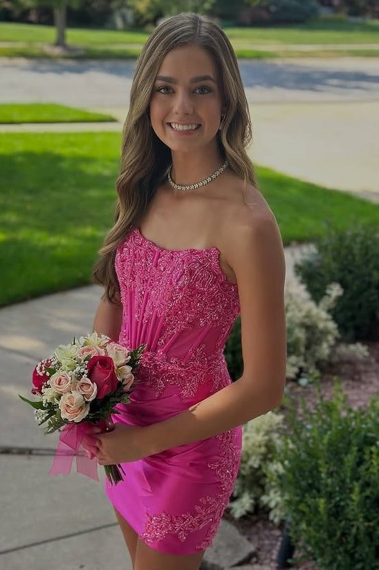 Fuchsia Boat Strapless Satin Fitted Lace Appliques Homecoming Dress
