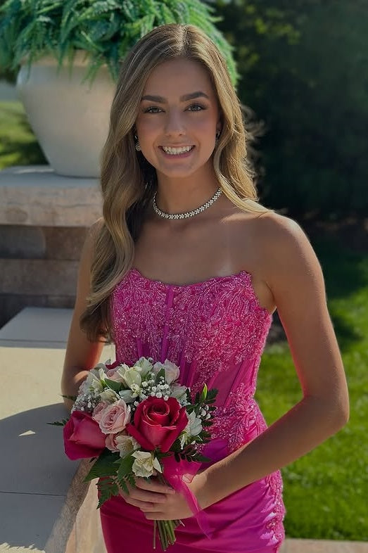 Fuchsia Boat Strapless Satin Fitted Lace Appliques Homecoming Dress