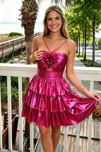 Fuchsia Metallic A-Line High Waist Sleeveless Tiered Homecoming Dress