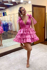 Fuchsia V-Neck Tiered Short Party Dress