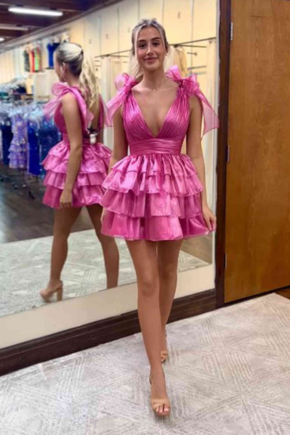 Fuchsia V-Neck Tiered Short Party Dress Front Shot