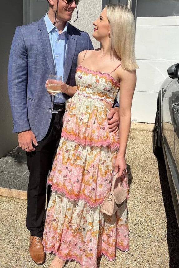 Straps Floral Print Ruffle Long Summer Dress with Lace-up Back