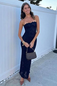 Fully Lace Fitted Strapless Maxi Sheer Party Prom Dress